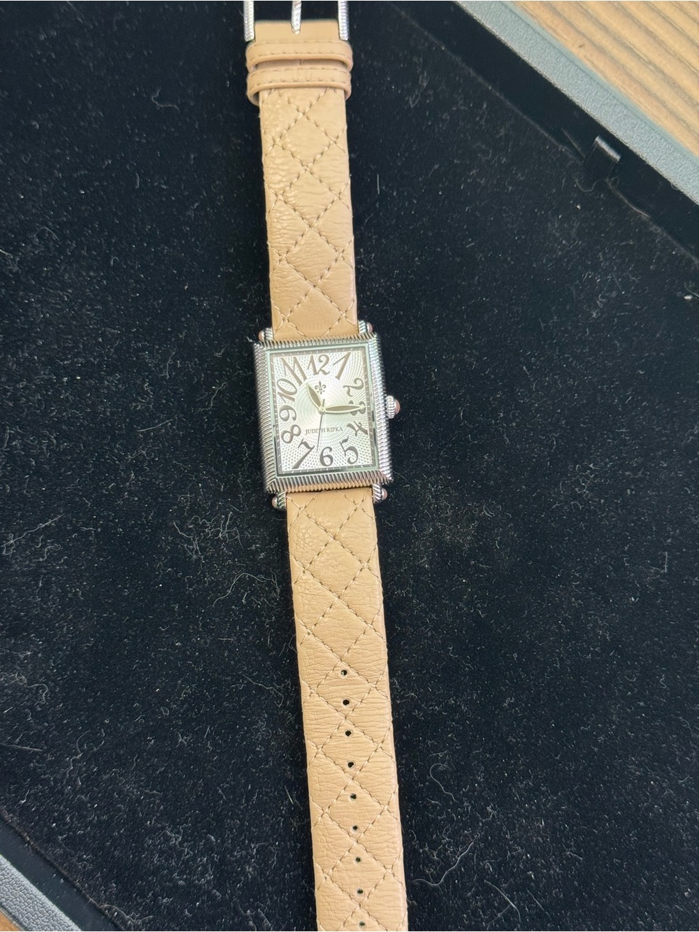 Judith Ripka Beige Quilted Leather Strap Rectangle Silver Watch